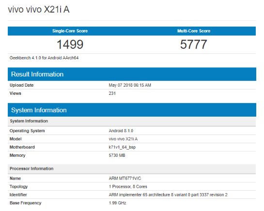 Новый смартфон Vivo X21i с чипом Helio P60 показался в Geekbench